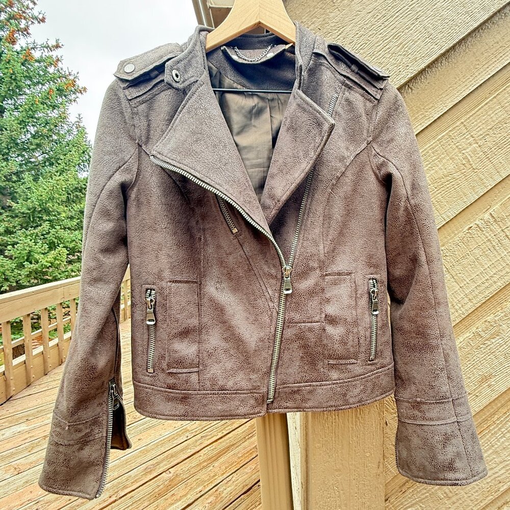 EUC Vintage Faux Suede, Super-Soft Brown Black Motorcyle Jacket